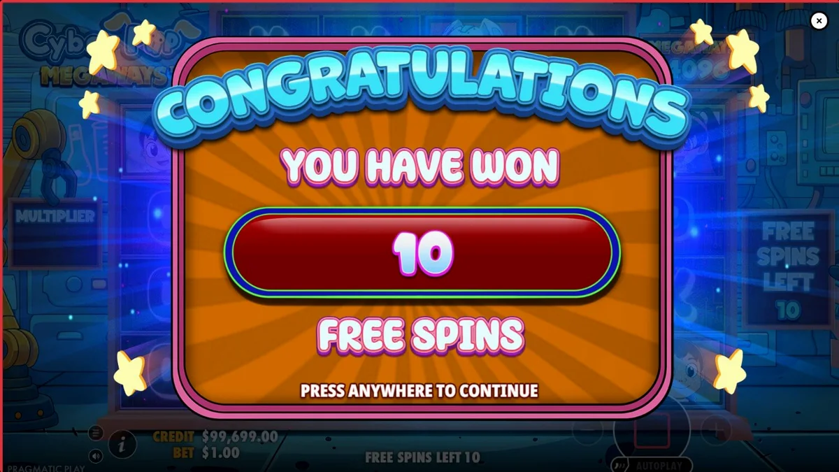 Cyber Pup Megaways slot game screen with neon futuristic suburban background
