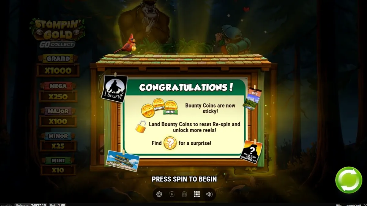 Tampilan visual slot Stompin’ Gold GO Collect dengan karakter yeti dan latar hutan