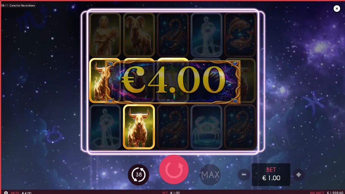 Tampilan visual slot Celestial Revolutions dengan latar belakang kosmik dan simbol zodiak